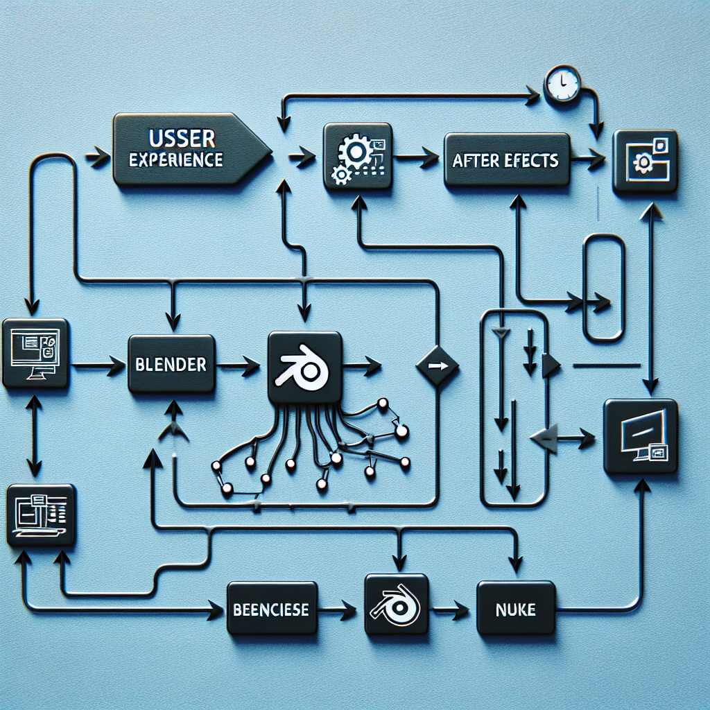 Pipeline diagram — UE → Blender → After Effects/Nuke, arrows showing passes combined.