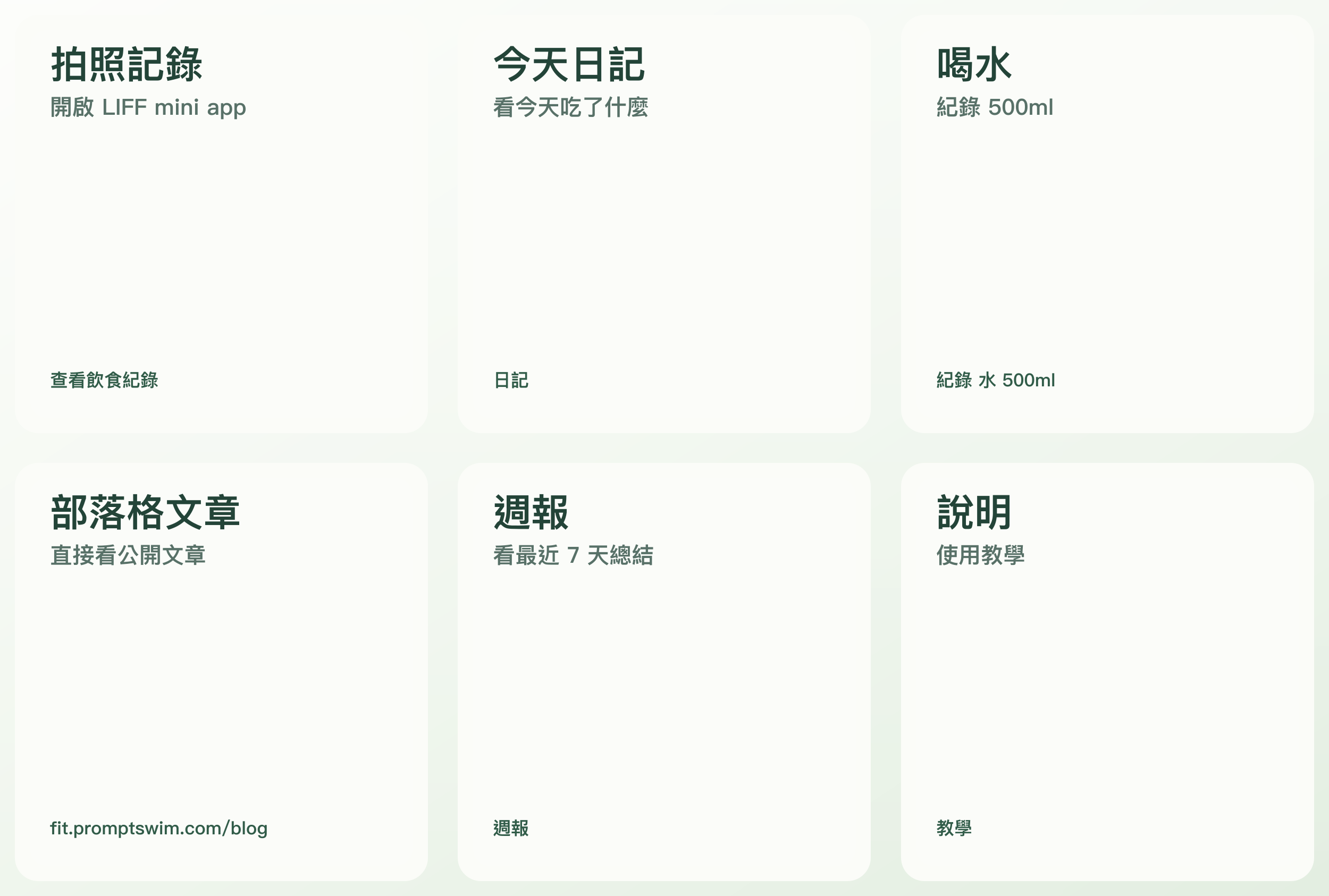 減脂小豬のリッチメニュー：写真で記録、今日の日記、水分、ブログ、週次レビュー、ヘルプ。